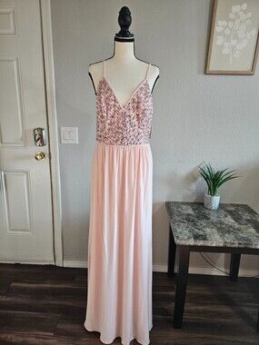 DB Studio David's Bridal Blush Pink Sequin V-Neck Maxi Dress Gown Size 8 NWT